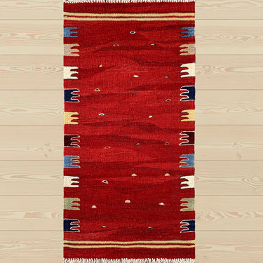 赤のハンドの文様のキリムラグ（No.21801）全体写真